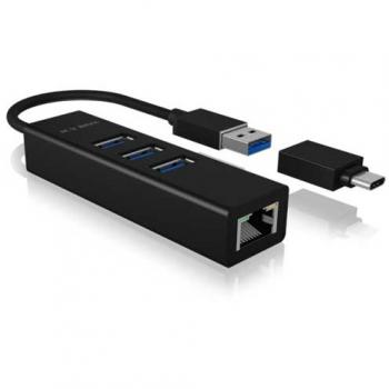 USB3.0 HUB 3Port ICY BOX 1xUSB-C Adapter 1xGigabit LAN Ethernet passiv Black