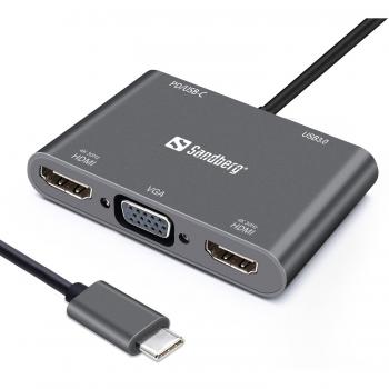 USB-C HUB 3Port Sandberg VGA HDMI Aluminium passiv Grey