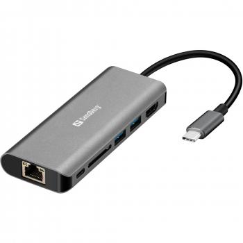 USB-C HUB 6Port Sandberg USB2.0/2x USB3.0/USB-C/HDMI/CardReader/Ethernet passiv Grey